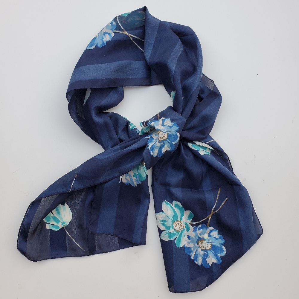 Italy Floral Scarf Silky Navy Blue Tulips Watercolor Flowers Stripes Lightweight